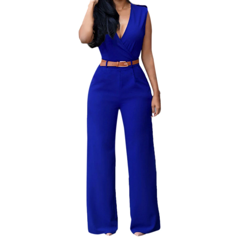 royal blue Модные летние Для женщин комбинезон с поясом Сексуальная V шеи сплошной Цвет без рукавов Высокая талия широкие брюки комбинезон дамы комбинезоны AIC88 - Цвет: royal blue