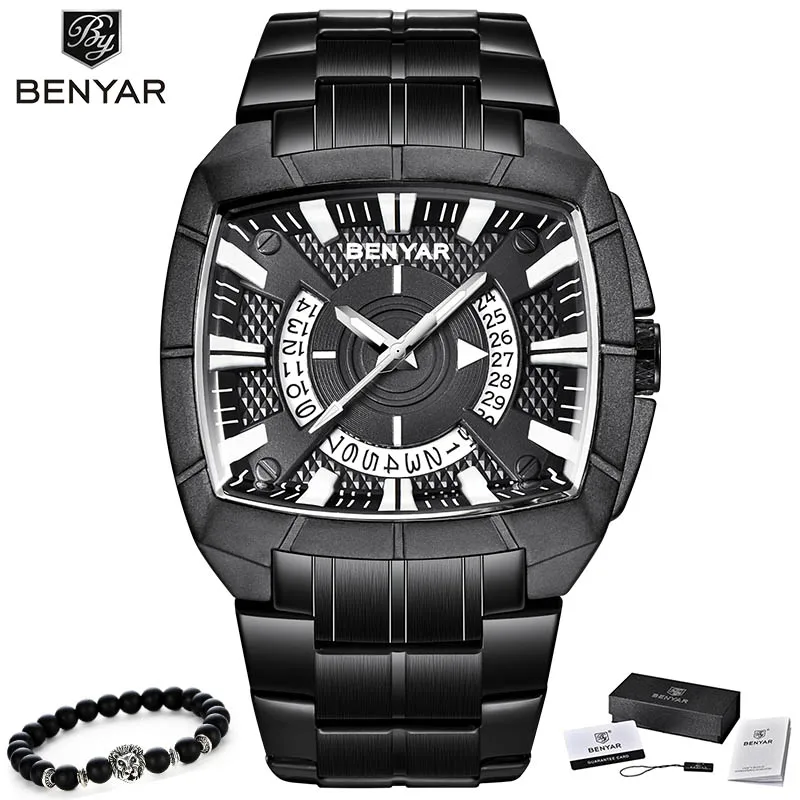 Black Black BENYAR брендовые оригинальные уникальный дизайн мужские наручные часы с широким большим циферблатом повседневные кварцевые часы золотые мужские спортивные часы большие часы - Цвет: Black Black