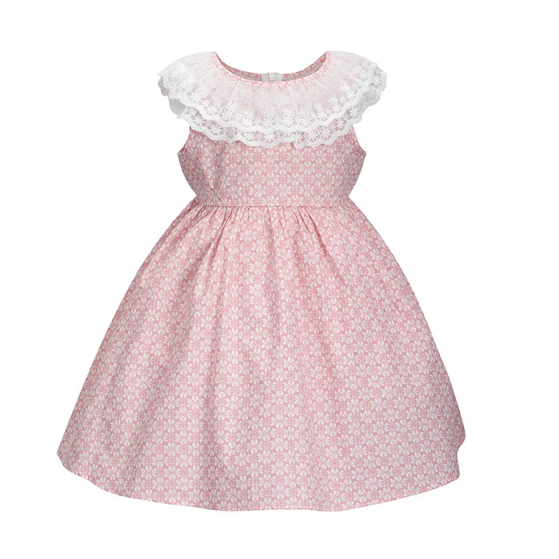 Cindy&ampNancy New Summer Girls Cute Pink Blue Floral Printed Lace O-neck Sleeveless 1-6yrs Cotton Woven Princess Casual Dresses | Детская