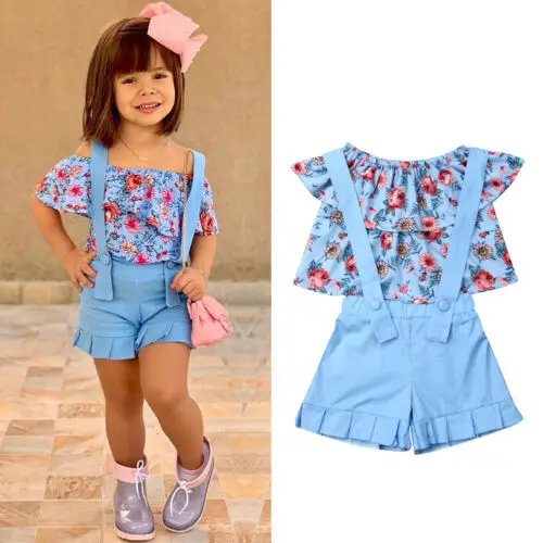 Комплект летней одежды для маленьких девочек топ с открытыми плечами и цветочным