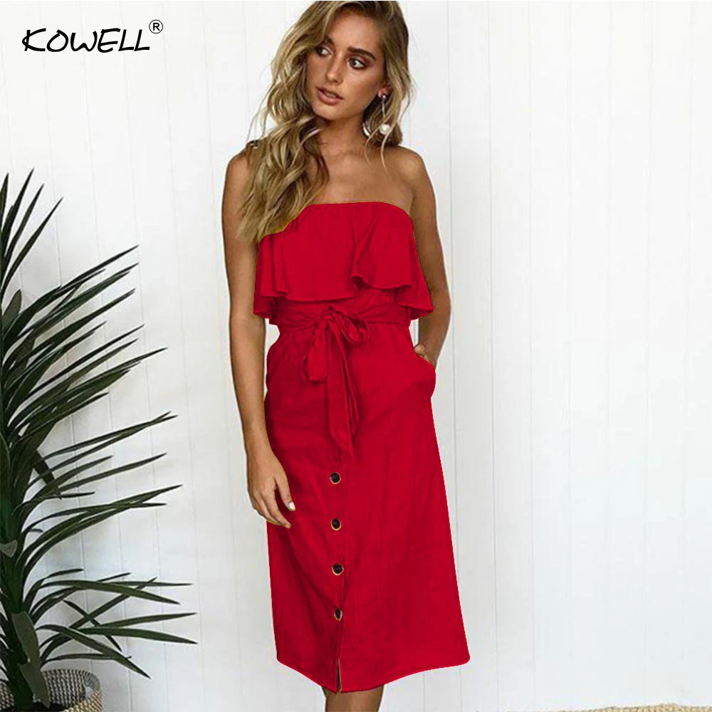 

Hot Sale New Fashion Button Women Dress 2018 Off The Shoulder Summer Dress Falbala Sleeveless Belted Party Dress Vestidos