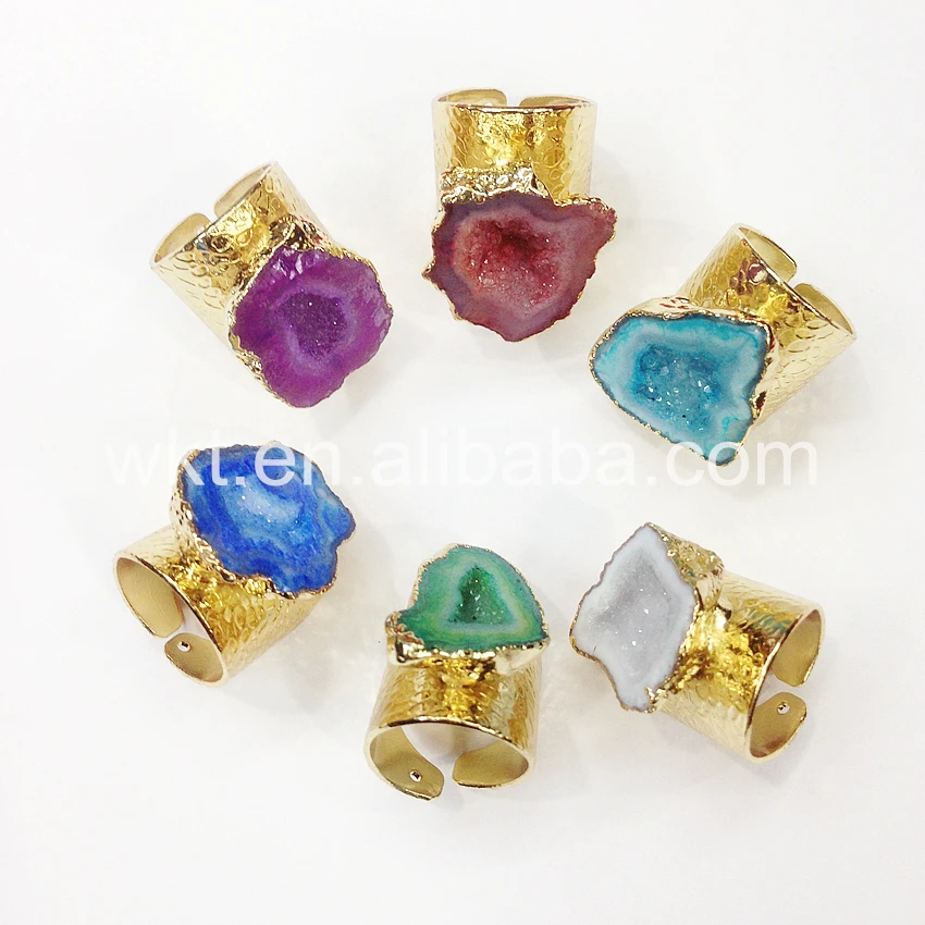 Женское кольцо с камнем натуральный жеод золотистое отделкой подарочное