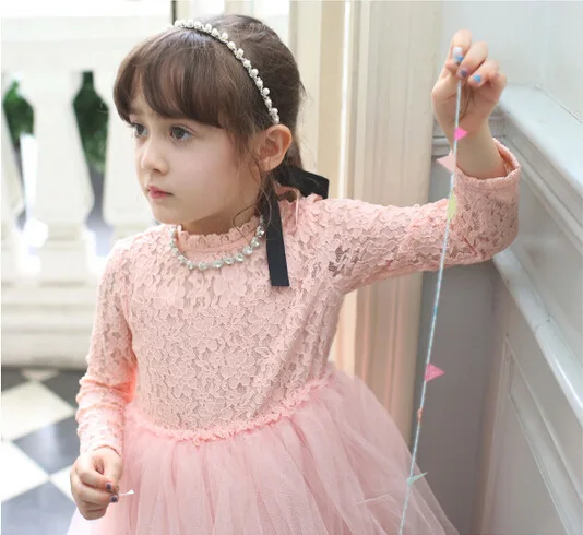 New Girls Rhinestone Necklace Lace Kids Dress Long Sleeved Bowknot Princess Tutu Children Clothing For Party White/ Pink | Детская