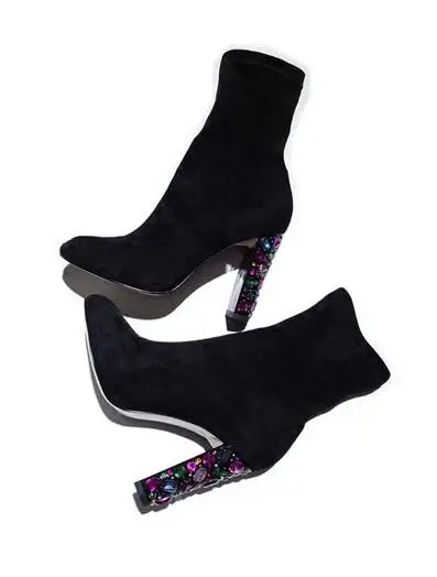 Модные черные замшевые женские ботильоны без шнуровки роскошные на высоком