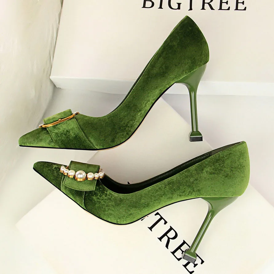Heel Height 9cm HENGSCARYING/Брендовые женские свадебные туфли-лодочки на высоком каблуке 10 см; женские туфли-лодочки с острым носком; зеленый жемчуг; женская обувь на каблуках; Scarpins Talon Hauts - Цвет: Heel Height 9cm