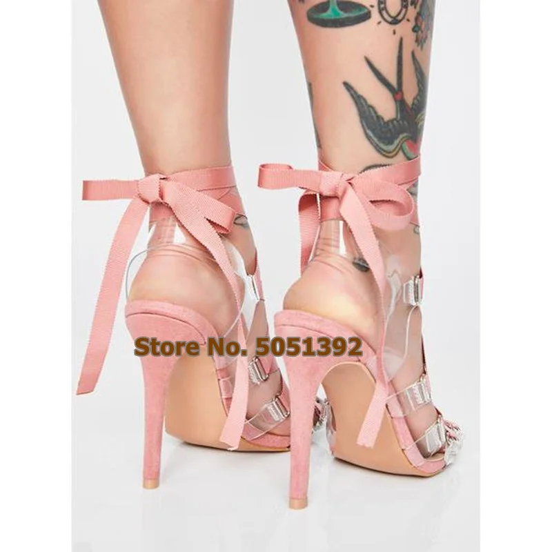 Murah Tinggi Tumit Musim Panas Terbuka Toe Stiletto PVC Renda Tali Sepatu Wanita Seksi Manis Cross Diikat Sandal Fashion Ukuran Besar
