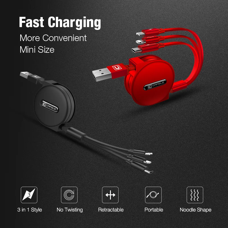 Cafele 3 в 1 Выдвижной USB кабель для iPhone Micro Type C плоский Быстрая зарядка + C|Кабели