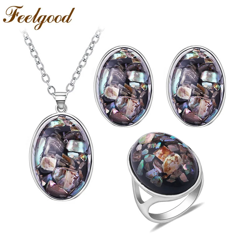 Feelgood винтажный Модный Ювелирный Набор овальная ракушка кулон ожерелье и серьги