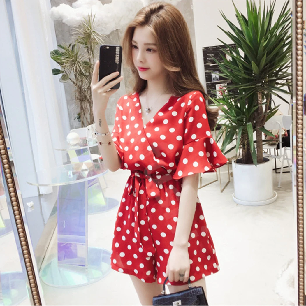 Office Elegant Polka Dot V Neck Party Romper Summer Fashion Casual Playsuit Women Stylish Short Sleeve Lace Up Jumpsuit Plu Size | Женская