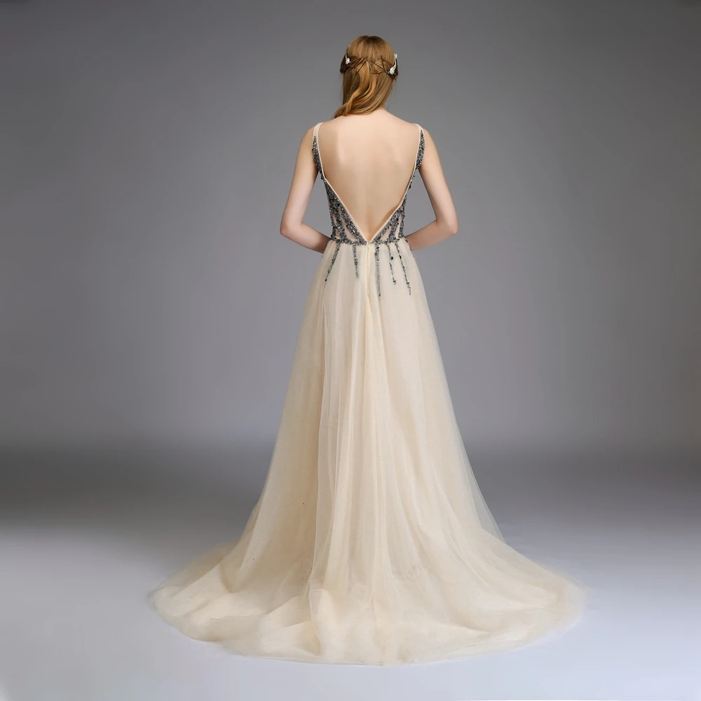 SSYFashion, новинка, роскошное вечернее платье, сексуальное, v-образный вырез, открытая спина, бисер, высокий разрез, тюль, длинное, для выпускного вечера, на заказ, вечерние, официальные платья