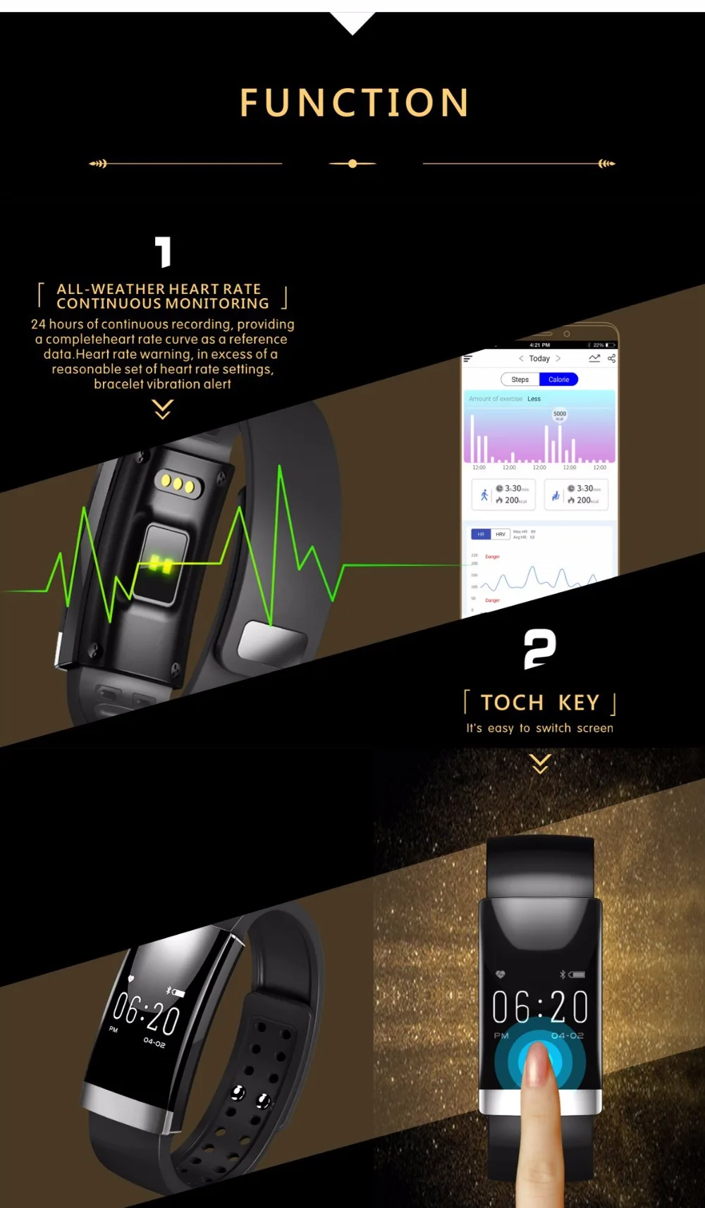 HLTON спортивный умный Bluetooth браслет для здоровья калорий монитор сердечного ритма фитнес-трекер Браслет Удаленная камера Анти-потеря браслет