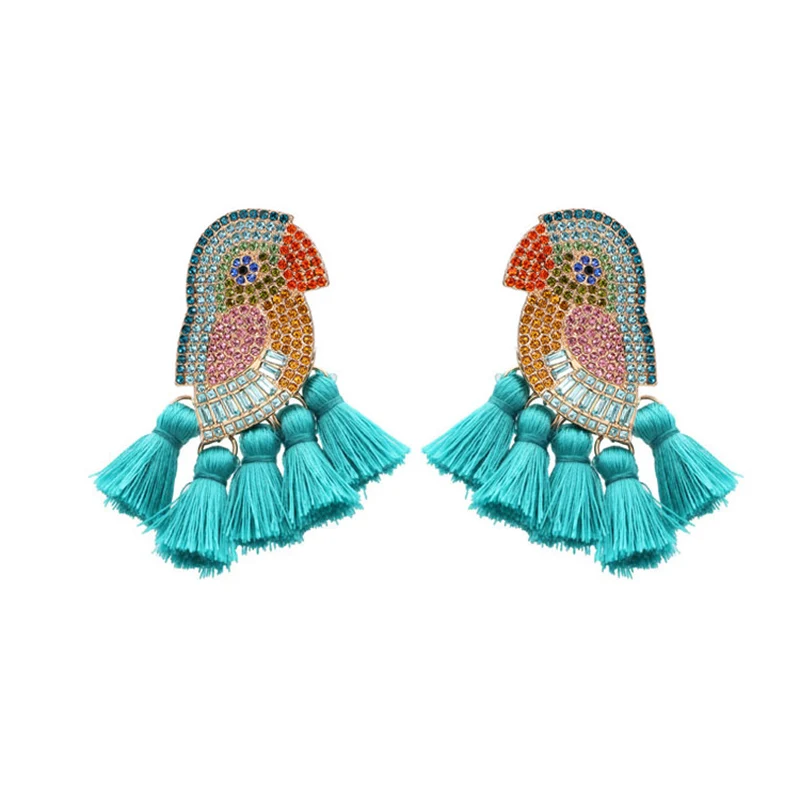 E1209 Blue Tassel Sehuoran дизайн хрустальные бусины попугай дирд висячие серьги для женщин Высокое качество модные женские массивные серьги - Окраска металла: E1209 Blue Tassel