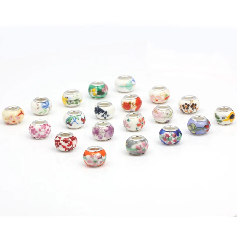

New 14x9mm 6PCS/lot Big Hole Beads Silver Plated Flower Charms Ceramic Beads DIY Bracelet & Necklace Fit European Charm