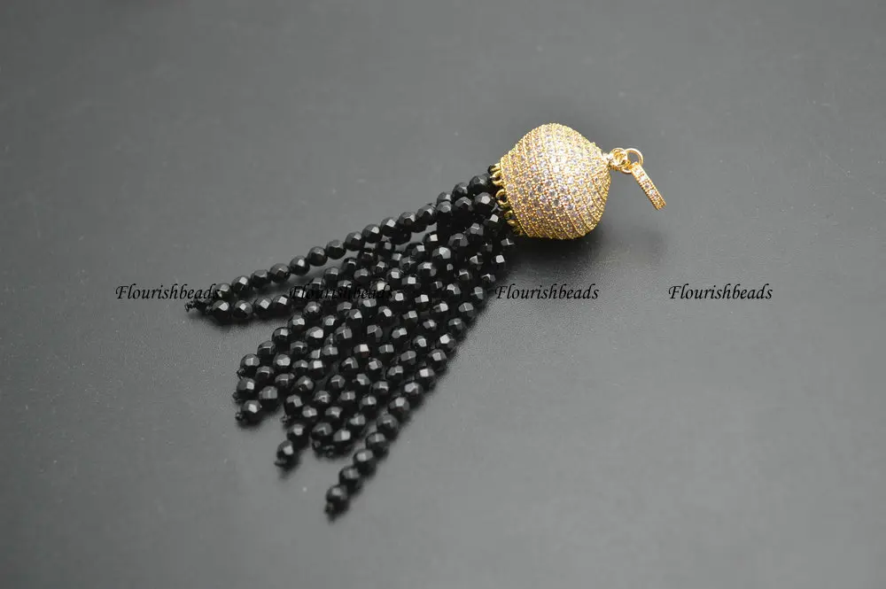 Paved CZ Beads Crown Metal Cap 3mm Faceted Black Onyx Agate Stone Round Tasssel Pendant Fit Fashion Necklace Making | Украшения и