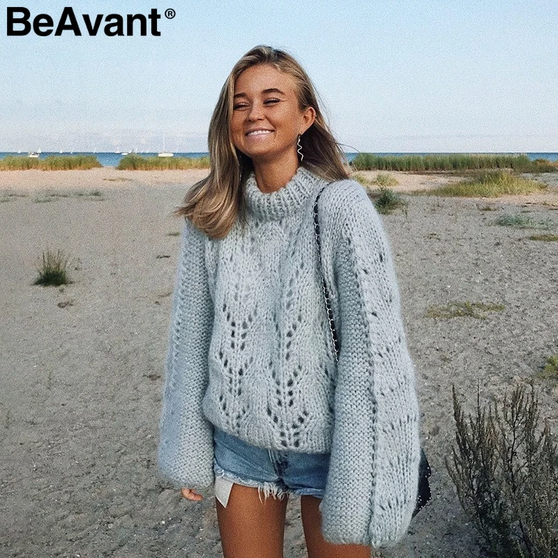 BeAvant O ncek выдалбливают трикотажные свитера для женщин фонарь рукав желтый