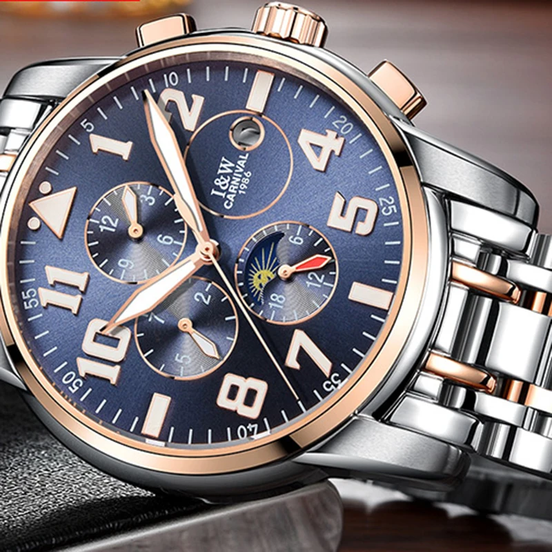Роскошные Мужские автоматические механические часы Carnival Moon Phase светящиеся из