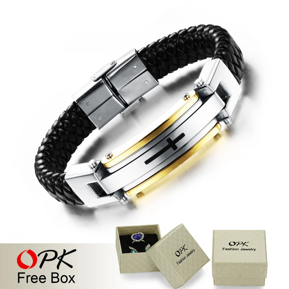 ОПК Винтажная кожаная обертка браслета для мужчин модной ручной работы вязаный браслет черного/золотого цвета с полным стальным крестом Мужское ювелирное изделие PH916