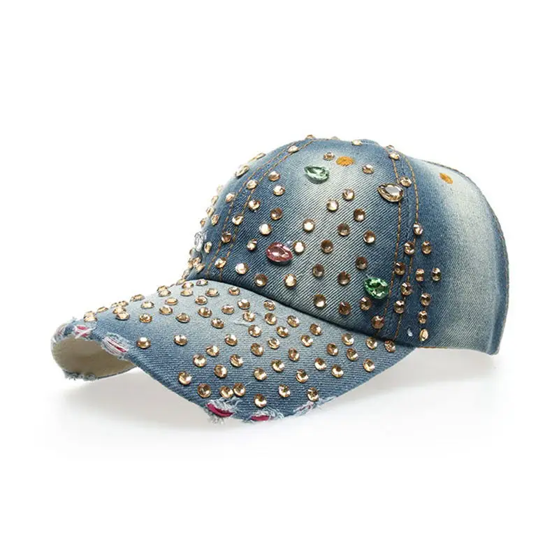 Wuaumx Бейсбол Кепки Для женщин с Украшенные стразами Красота девушка Snapback Кепки для женщин джинсовой Кристалл Шапки, кепка женская, бейсболка женская, шапка со стразами, кепки женские - Цвет: Color 04