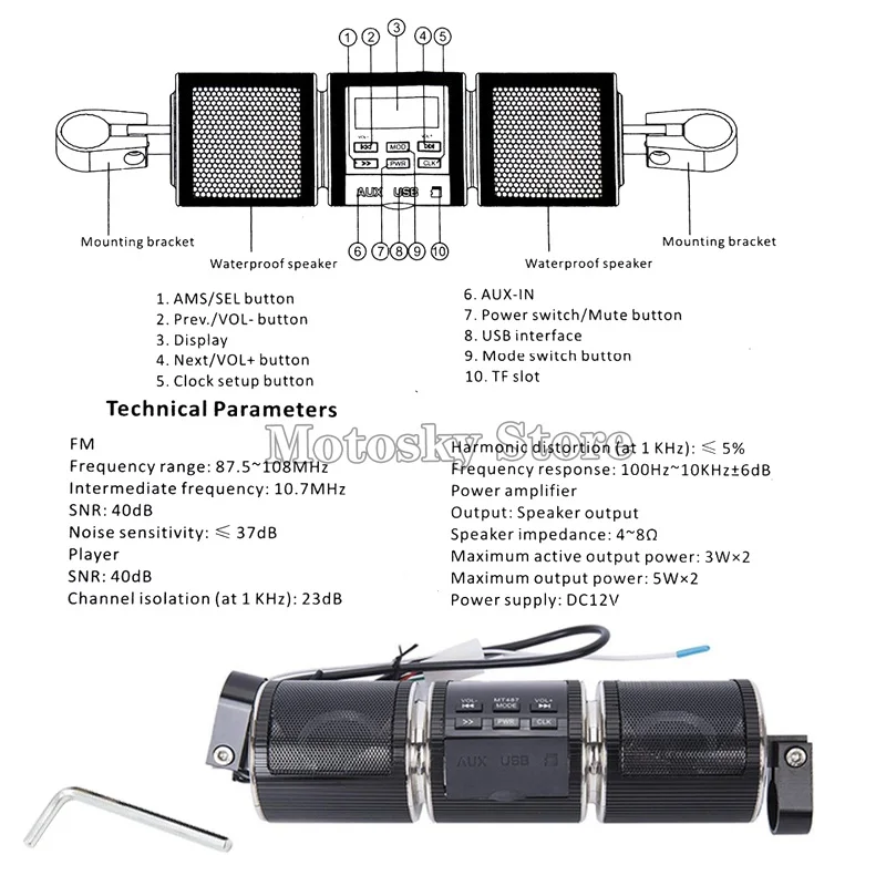 Мотоциклетный mp3-плеер Bluetooth-динамик с FM-радио на руль динамик регулируемым