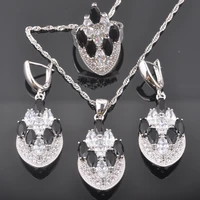 luxury bridal jewelry sets womens wedding silver color black crystal ring necklace and earrings set qz0591