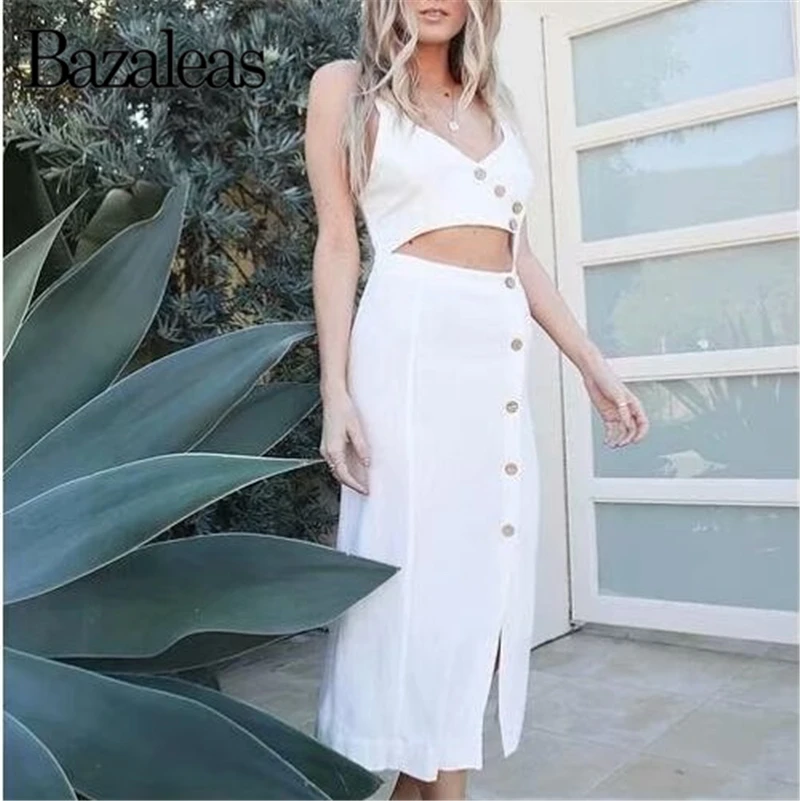 Летнее открытое женское платье на пуговицах 2019 без рукавов с разрезом vestidos Белое