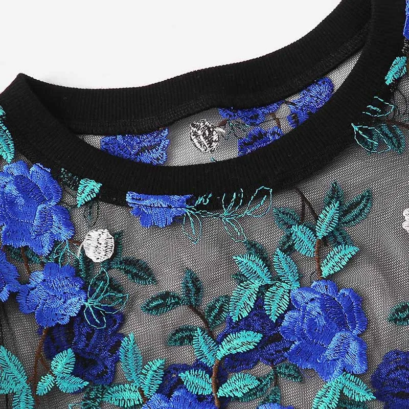 SHEIN Boho разноцветная Цветочная вышивка Прозрачная сетка Сексуальная укороченная блузка женская летняя круглый вырез короткий рукав элегантный топ блузки