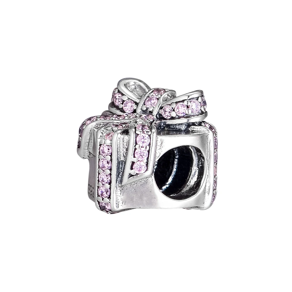 Fits Pandora Charms Bracelets Heart Present Beads with Pink CZ 100% 925 Sterling Silver Jewelry Free Shipping | Украшения и