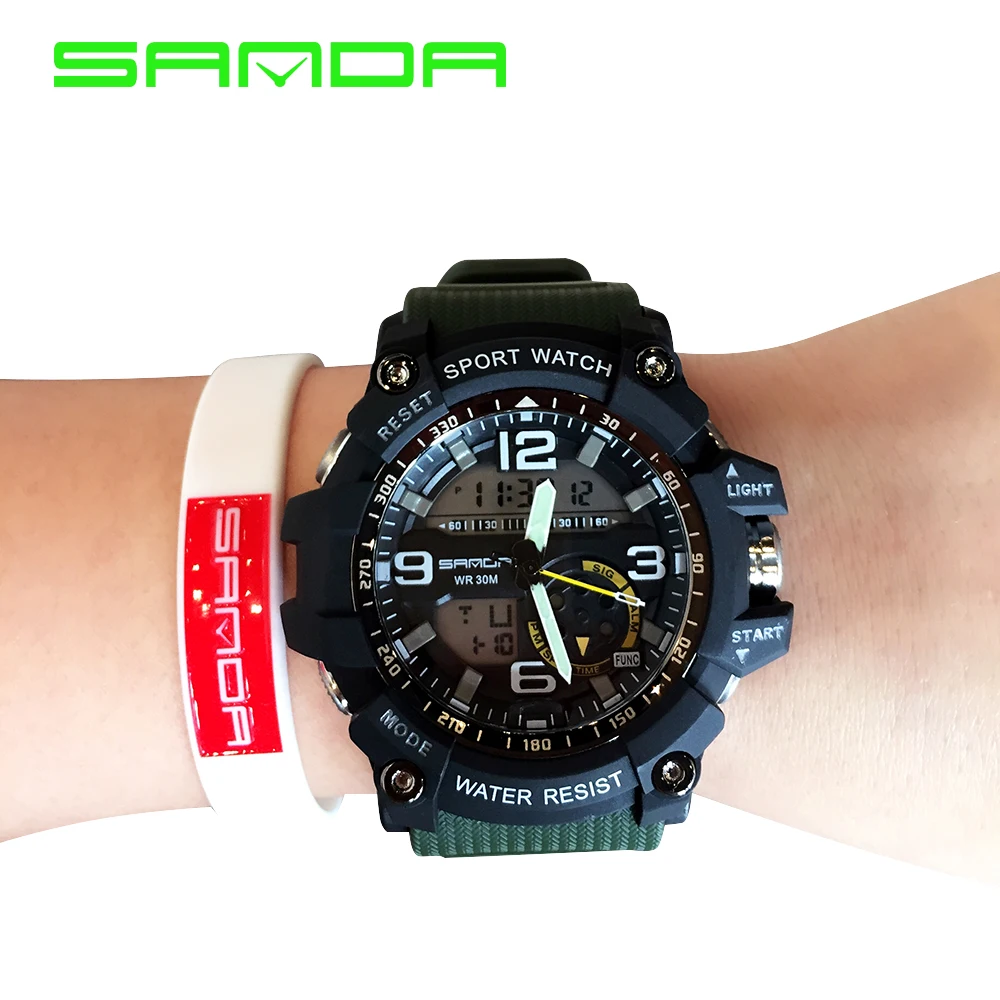 Black Green G стиль Shock Sanda водонепроницаемые уличные спортивные часы мужские кварцевые часы цифровой военный светодиодный наручные часы Relogio Masculino - Цвет: Black Green
