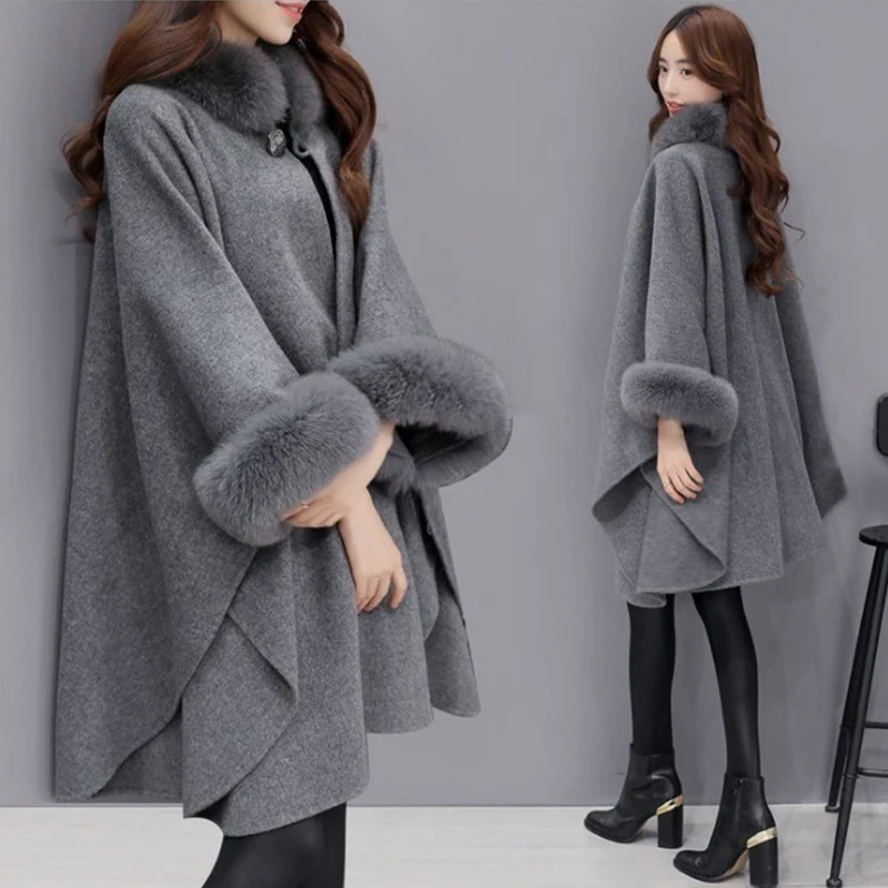 Весна 2018 Модное пончо верхняя одежда с лисьим меховым воротником длинное