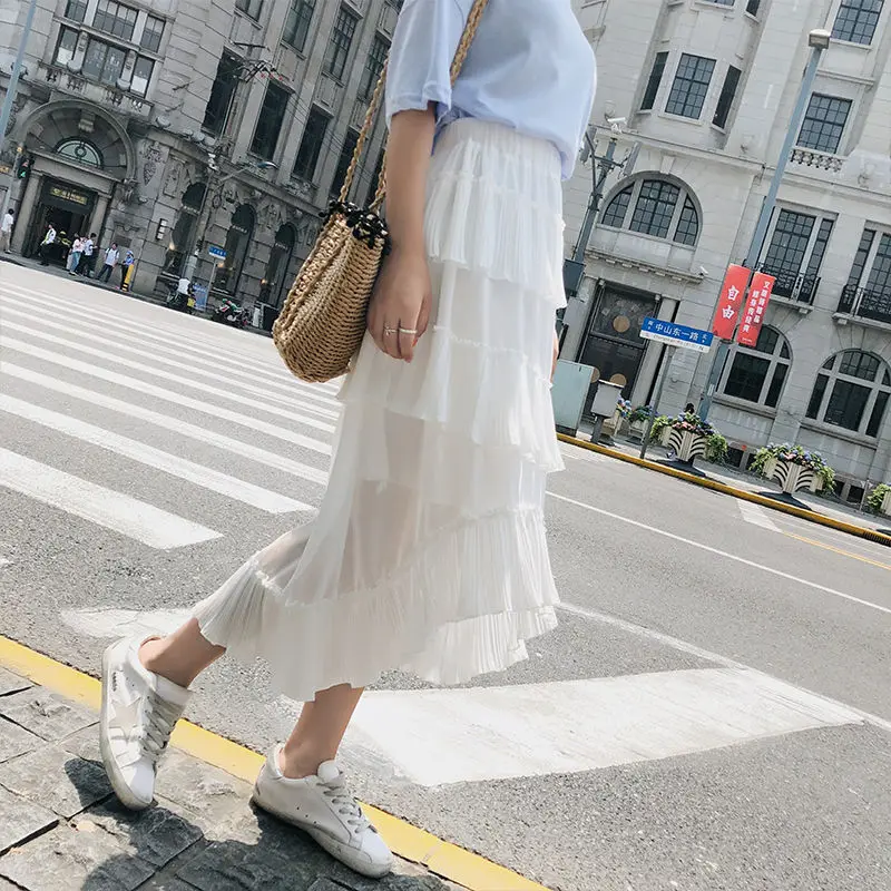 white Chic Нерегулярные плиссированная Женская юбка эластичный пояс оборками лоскутное женский шифон юбки для женщин с подкладкой Лето г. миди jupe femme - Цвет: white