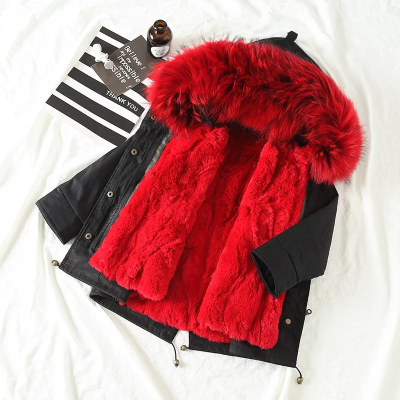 black hot red Зимняя куртка для маленьких девочек коллекция года, весеннее пальто для мальчиков с воротником из натурального меха зимняя парка унисекс, натуральная подкладка из кроличьего меха Рекс для родителей и детей - Цвет: black hot red