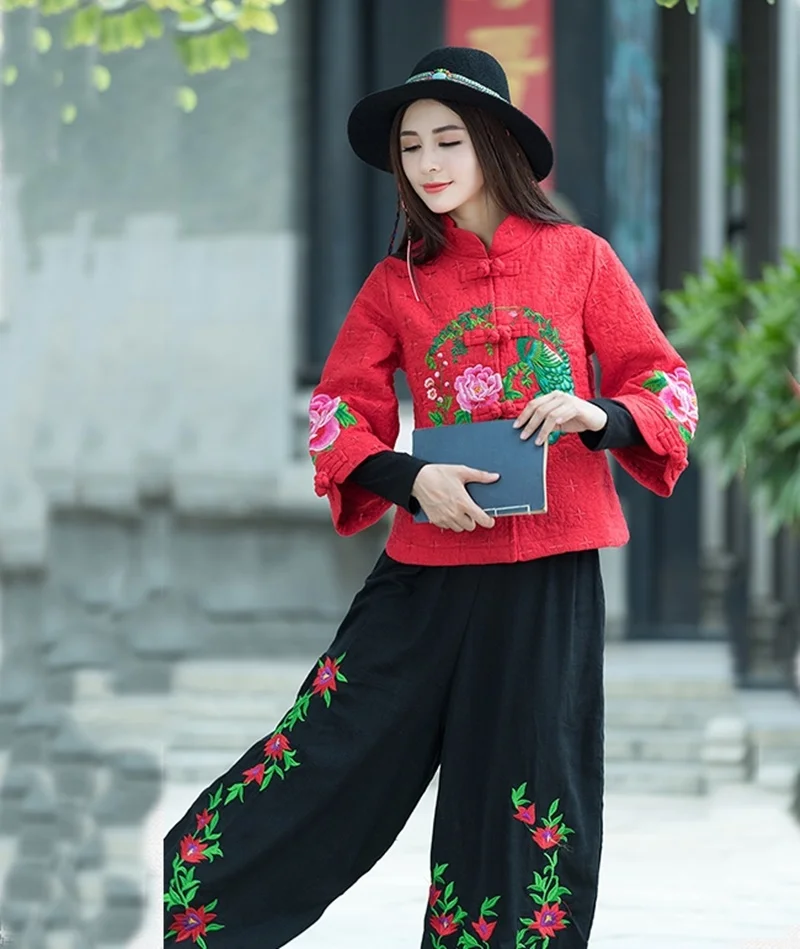 Женские китайские топы, винтажное пальто с вышивкой Hanfu, этническое пальто с воротником-стойкой, хлопковая льняная одежда в китайском стиле для женщин, FF1758