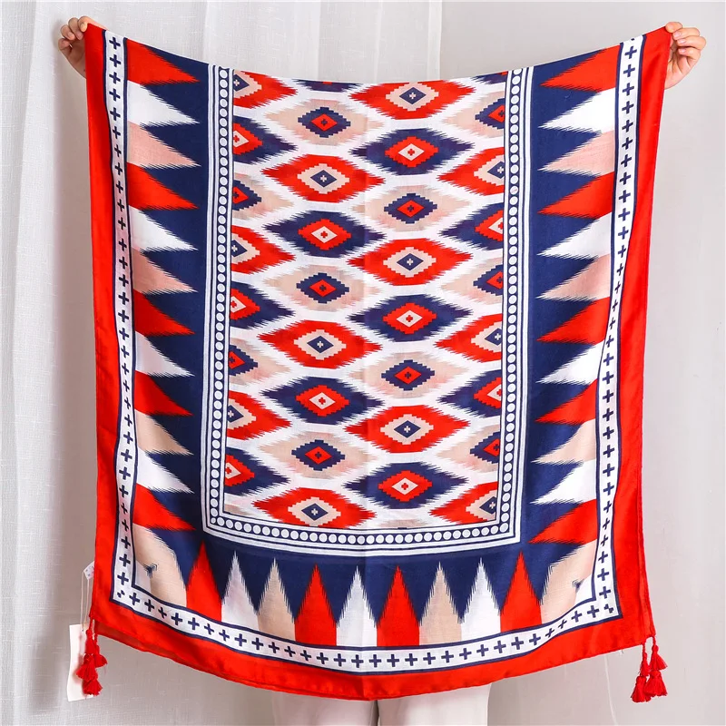 Женский шарф геометрический в клетку красный синий модный алмаз вискоза Испания