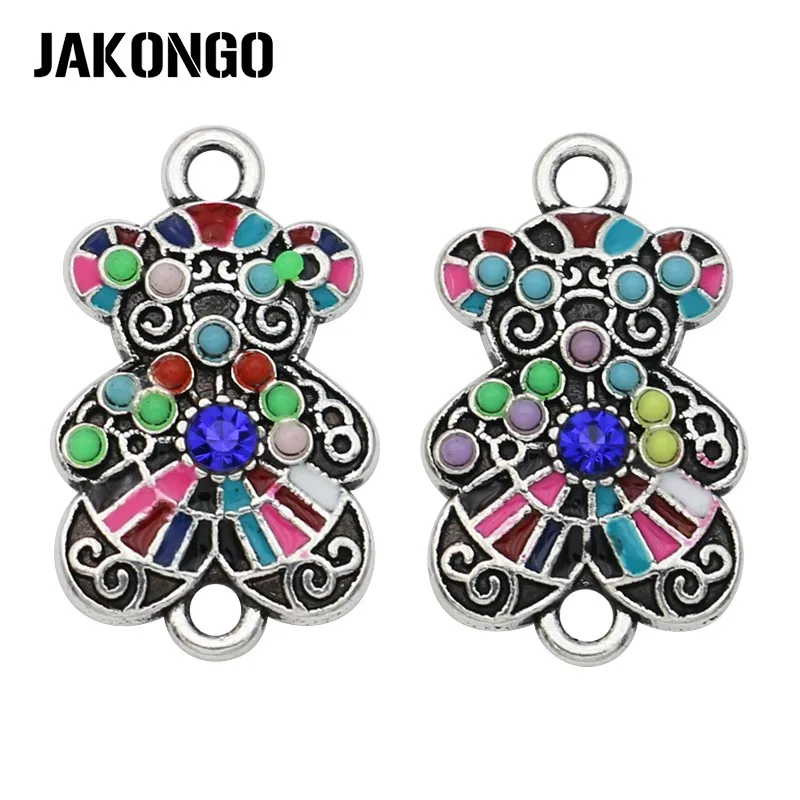 

JAKONGO Antique Silver Plated Colorful Crystal Bear Connectors for Jewelry Making Bracelet Accessories DIY Craft 21x13mm