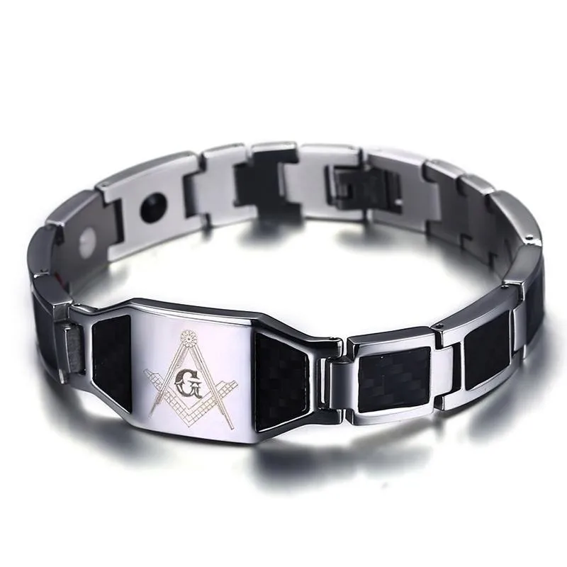 Мужской масонский браслет из нержавеющей стали с черной голограммой углеродного