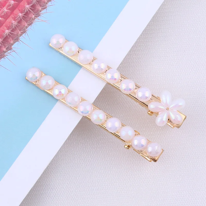 Flower-White 2pcs/set Pearl Flower Hair Clips Alligator Duckbill Long Hairpins Barrettes Candy Rainbow Color Hair Accessories for Women Girls - Цвет: Flower-White