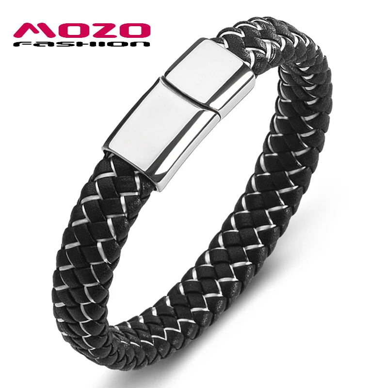 SY154-B Mozo Fashion подвеска плетеный кожаный браслет мужские браслеты ручной работы Мода Нержавеющая сталь застежка мужской браслет на запястье - Окраска металла: SY154-B