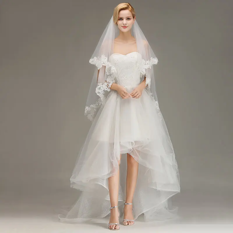 Voile Mariage 1.5M Короткая Фата с Кружевной Кромкой Расческой Двухслойная Вуаль Невесты