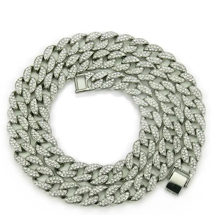 Silver necklace Karopel, со льдом, блестящие стразы, золотая отделка, кубинская цепочка, мужское ожерелье в стиле хип-хоп, ювелирное изделие, 16,18, 20,24 дюйма - Окраска металла: Silver necklace
