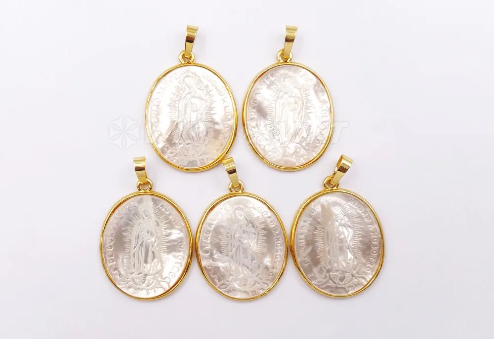 WT-P1353 In Stock! Elegant White Shell Pendants With Virgin Mary Pattern Oval Slice Shape Metal Plated Female Jewelry
