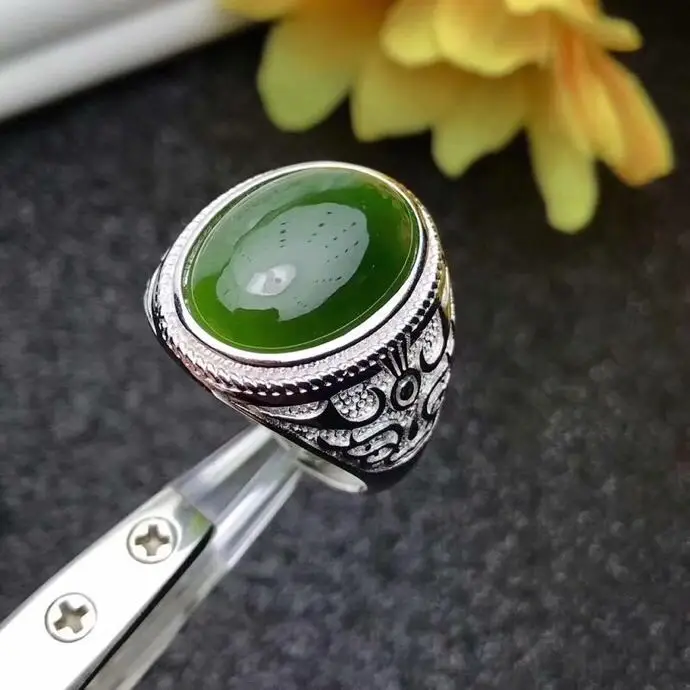 Природный Хотан нефрита человек кольцо стерлингового серебра 925 пробы Оптовые Fine jewelry 13*18 мм gem