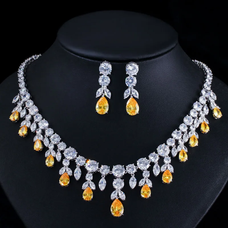Yellow CWWZircons Роскошные кисточкой падение Африканский большой кубический цирконий желтый камень Свадебная вечеринка невесты ожерелье и серьги Ювелирные наборы T347 - Окраска металла: Yellow