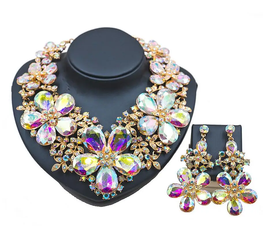 

Luxury Christmas Gift Gold golden Shiny Rhinestone Jewelry Set Austrian Crystal Statement Necklace Earrings Jewelry Sets