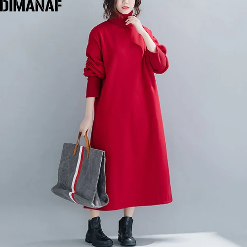 Tao8405CN-hong DIMANAF, длинное платье размера плюс, женское, зимнее, свободное, для девушек, Vestidos, повседневное, однотонное, толстое, хлопковое, вязанное, с высоким воротом, женское, с капюшоном, платье - Цвет: Tao8405CN-hong