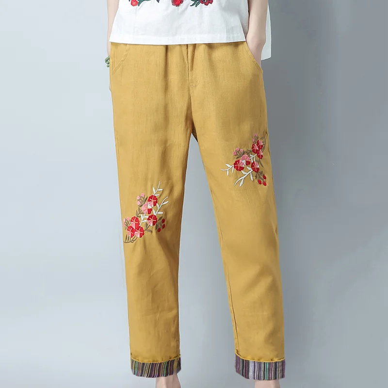 Kymakutu китайский Стиль Broderie Лен Pantalon женская одежда эластичный пояс осень Mujer с