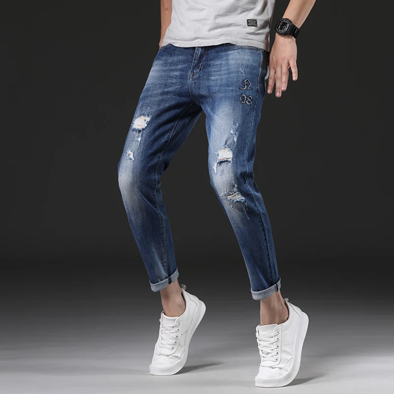 2018 лето голубой ботильоны Длина Для мужчин джинсы Slim Fit джинсовые штаны рваные