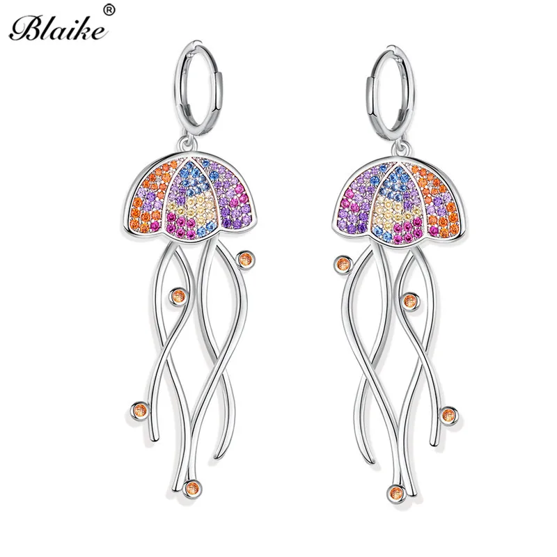 Silver Color Blaike 925 серебро/розовое золото длинные висячие серьги Медузы для женщин винтажные модные многоцветные серьги-капли с фианитами в минималистическом стиле - Окраска металла: Silver Color