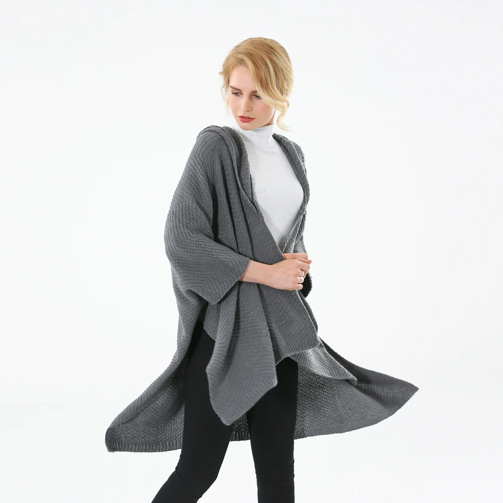 Winfox 2018 новый бренд Модный зимний черный серый цвет свитер пальто пончо и накидка