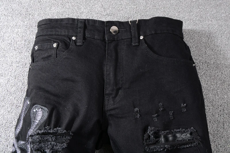 Американский уличный стиль модные мужские джинсы Slim Fit змея вышивка панк рваные джинсы для мужчин брендовая Дизайнерская обувь уличная хип хоп