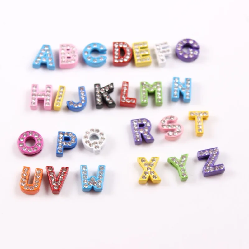 130pcs/lot 8mm Alphabet Letter Slider Charm Full Rhinestone Colorful Charms Fit Belt Leather Bracelets 5pcs of 26pcs A-Z Украшения и